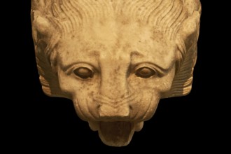 Stone lion head with expressive facial features and open snout on dark background, Olympia