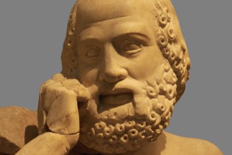 Head of the statue of the Seer, east pediment of the Temple of Zeus, preparations for the chariot