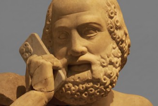 Partially AI-generated, head of the statue of the Seer, east gable of the Temple of Zeus,