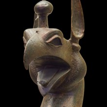 Bronze griffin protome, bronze sculptural depiction of a mythical being with stylized head, Olympia