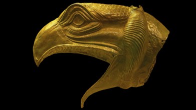 Bronze griffin protome, majestic eagle head figure in golden sculpture with fine details, Olympia