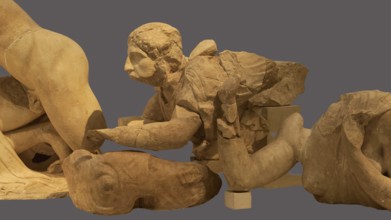 Crouching lapithin, west pediment of the Temple of Zeus, centauromachy, group of ancient stone