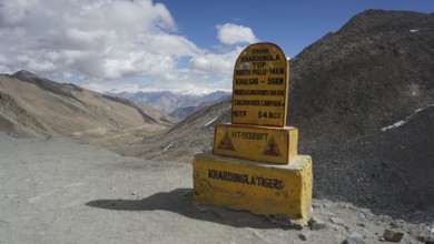 Signpost on dusty Khardung-la Pass in the mountains with sweeping views of surrounding mountains