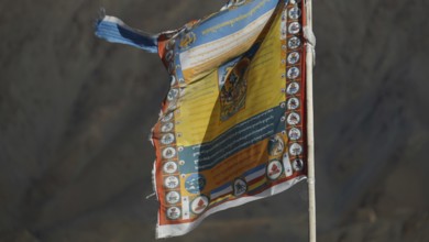 Colourful Tibetan prayer flag moving in the wind in front of a rocky mountain, trekking in Ladakh,
