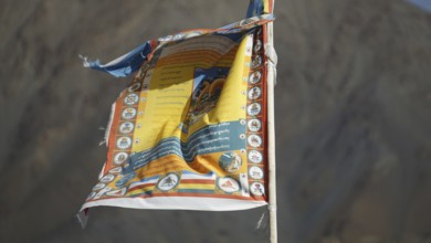 Detailed Tibetan prayer flag blowing in the wind in front of a mountain, trekking in Ladakh,