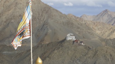 Colourful Buddhist flag against a mountain backdrop with Namgyal Tsemo monastery in the distance,