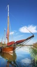 Traditional wooden sailboat in the harbor on the ferry of Moritzdorf, OT of Sellin, Mönchgut