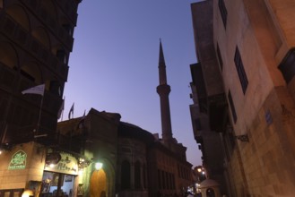 Cairo, Egypt. July 2nd 2024 The streets of Islamic Cairo at night, antique shops and mosque