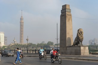 Cairo, Egypt. July 1st 2024 A view of Qasr El Nil Bridge and Cairo Tower with early morning traffic