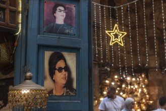Cairo, Egypt. July 2nd 2024 Portraits of Umm Kulthum displayed in a Cairo cafe, an Egyptian singer,