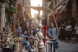 Cairo, Egypt. July 3rd 2024 A shishsa water pipe on display in the busy Khan El Khalili Bazaar