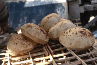 Freshly oven baked traditional Baladi flat bread, similar to pitta bread is a staple of Egyptian