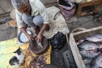 Cairo, Egypt. December 5th 2022 An Egyptian man gutting fish caught from the River Nile to be sold