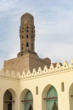 Cairo, Egypt. November 27th 2022 Minaret of historic Mosque of al-Hakim, known as Al-Anwar, named