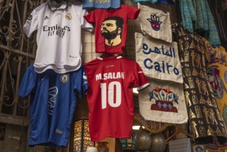 Cairo, Egypt, November 26th 2022 Egyptian, Mo Salah football shirts being sold as tourist souvenirs