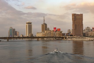 Cairo, Egypt, November 26th 2022 Cairo city skyline with Ramses Hilton Hotel over the River Nile