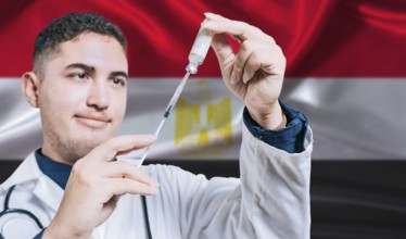 Doctor holding syringe on Egypt flag background. Medical professional holding syringe with Egyptian