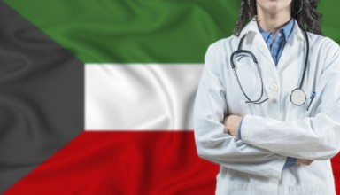 Medical professional on Kuwait flag. Healthcare and wellness in Kuwait, Concept