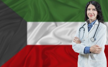 Kuwaiti medicine and healthcare concept. Doctor close up against Kuwait flag background