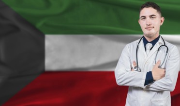 Portrait of medical professional on Kuwait flag background. Kuwaiti national health system