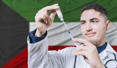 Doctor holding syringe on Kuwait flag background. Medical professional holding syringe with Kuwaiti