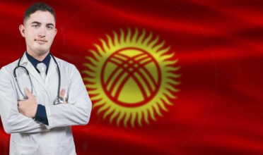 Portrait of medical professional on Kyrgyzstani flag background.Kyrgyzstani national health system
