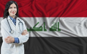 Iraqi medicine and healthcare concept. Doctor close up against Iraq flag background