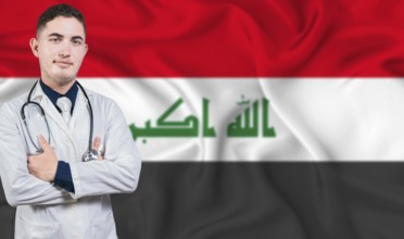 Portrait of medical professional on Iraq flag background. Iraqi national health system