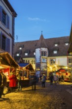 Colour-illuminated and Christmassy decorated half-timbered houses, blue hour, Christmas market,