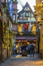 Christmassy decorated half-timbered houses, Christmas market, Riquewihr, Grand Est, Haut-Rhin,