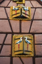 Christmassy decorated half-timbered house, Christmas market, Riquewihr, Grand Est, Haut-Rhin,