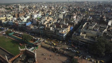 View of Muslim quarter in Delhi with many buildings to the horizon, Delhi, India