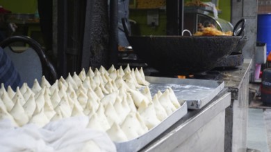Preparing samosas in an Indian food stand, Manali, Himachal Pradesh, India
