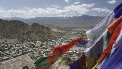Colourful prayer flags fly over an expanding mountain town, Leh, Ladakh, North India, Himalayas,