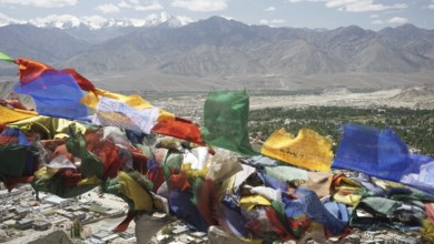 Colourful prayer flags fly over a city with mountain backdrop in the background, Leh, Ladakh, North