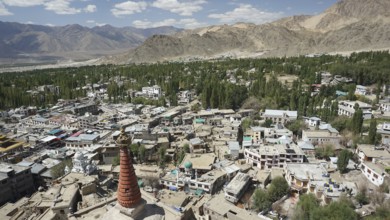 Panoramic view of a mountainous cityscape with green trees, Leh, Ladakh, North India, Himalayas,