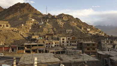 Mountain settlement with buildings built close together and rocky slopes under clear skies, Leh,