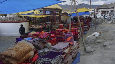 Lively market scene with colorful blankets and textile stalls, Leh, Ladakh, North India, Himalayas,