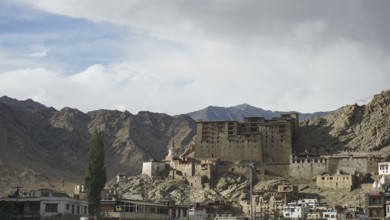 Leh and fortress Leh Palace in front of breathtaking mountain scenery, Ladakh, North India,