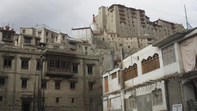 Historic buildings and Leh Palace on a hill in Leh showing architectural details, Ladakh, North