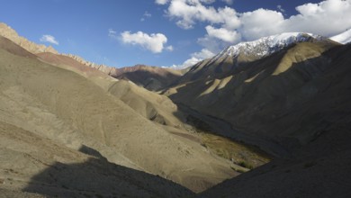 Impressive mountain panorama with cloud shadows and clear blue sky, trekking in Ladakh, Himalayas,