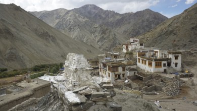 View of a village in a mountain valley with traditional buildings, trekking in Ladakh, Himalayas,