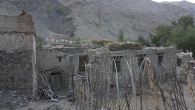 Old stone buildings in a village against a mountainous backdrop, yak (bos mutus) dung lying on the