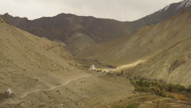 Wide valley with a trail in the midst of a majestic mountainous landscape, trekking in Ladakh,
