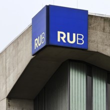 Ruhr-Universität Bochum, abbreviated RUB, with the logo on a university building, Bochum, North
