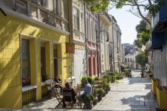 Varna, Bulgaria. September 7th 2020 Coffee shops along a pretty street in a trendy Varna