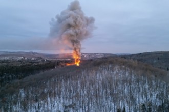 House fire in a forest area, Region of La Mauricie, Province of Quebec, Canada