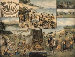 Illustrated school blackboard depicting various scenes and objects from the Stone Age, especially