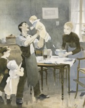 A happy family, father, mother and three children in their home, around 1910, France, authentic,