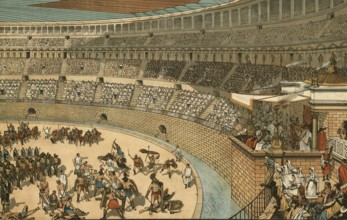 Scene in ancient Rome, presumably the inauguration of the Colosseum, Flavian Amphitheatre, in 80